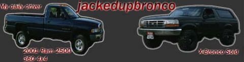 2001 Dodge 2500 - A black 2001 Dodge Ram 2500 pickup truck is shown on the left, with a black Ford Bronco on the right.