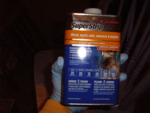 1988 Ford Bronco - A can of SuperStrip paint stripper is held by gloved hands, with text indicating it is for wood, metal, auto, masonry, and marine applicati…