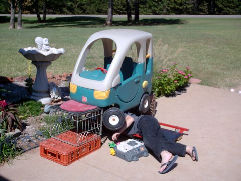 1965 Ford Mustang - A person is underneath a toy car that has tipped over next to a bird bath.
