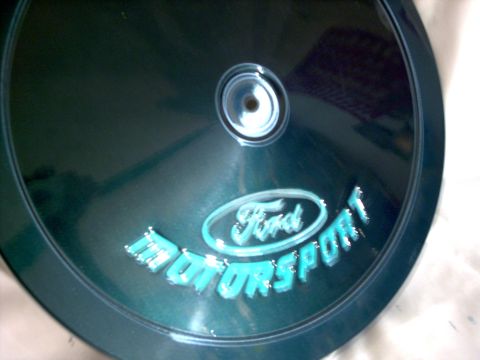 1965 Ford Mustang - Close-up of a Ford Motorsport air cleaner lid with the Ford oval logo.