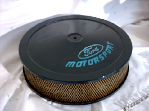 1965 Ford Mustang - This air cleaner features the Ford Motorsport logo in teal lettering on a black lid.