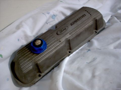 1965 Ford Mustang - Ford Motorsport valve cover with blue oil cap, likely for a V8 engine.