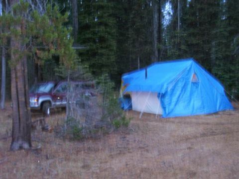 1991 Ford Bronco - A maroon pickup truck is parked near a blue tent in a forest clearing.