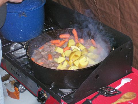 1991 Ford Bronco - Stew cooking on a propane camp stove with carrots and potatoes.