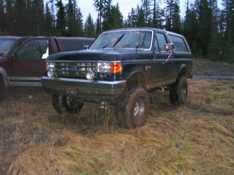 1991 Ford Bronco - A lifted black Ford Bronco sits in a muddy, grassy field with trees in the background.