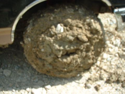 1988 Ford Bronco - A close-up of a heavily soiled tire and wheel well, suggesting off-road use or an accident.