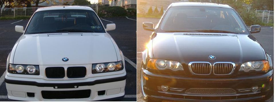 Two BMW sedans, one white and one black, viewed from the front. The black car has a "SUPERMOTORS" logo