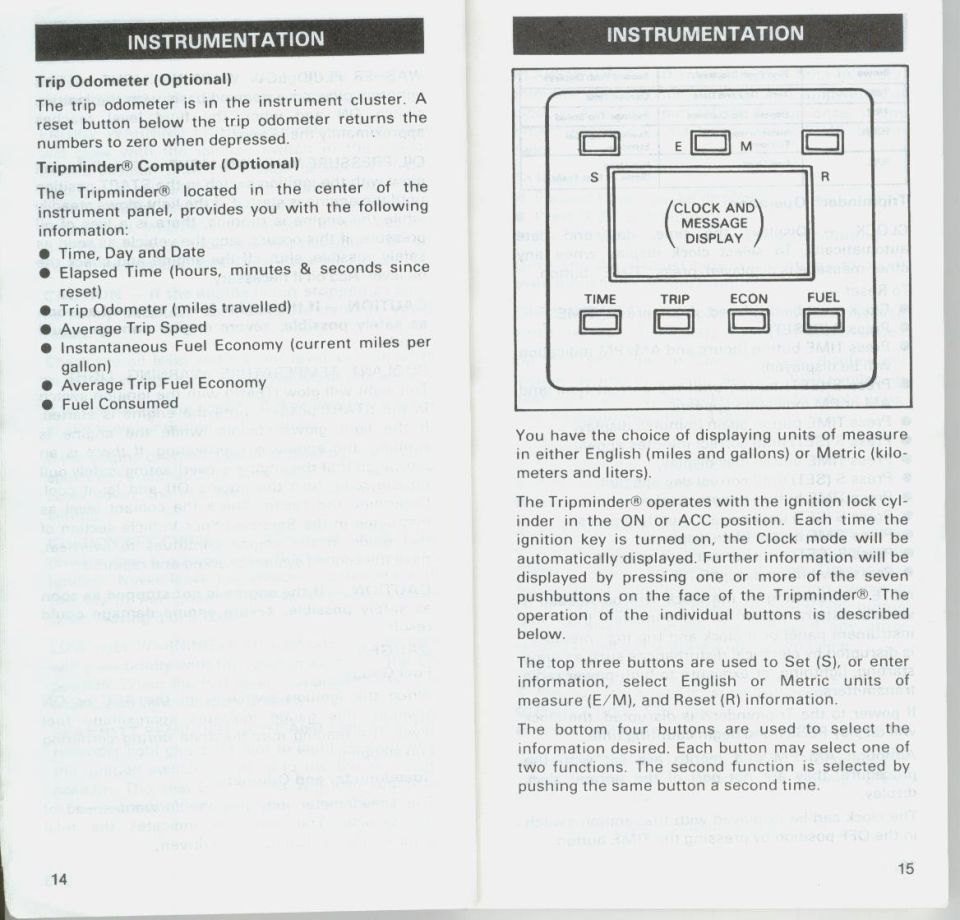 Owner's manual instrumentation page describing trip odometer and Tripminder computer with display figure