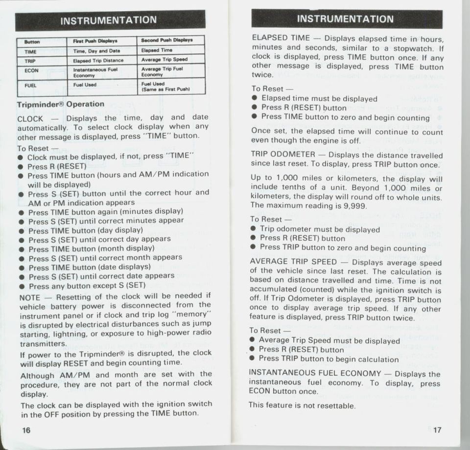 Tripminder button function chart and clock and elapsed time reset steps from the instrumentation section
