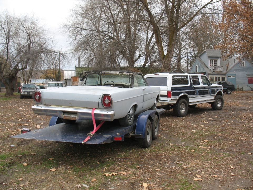 White vintage convertible on blue trailer behind a blue-and-white Ford Bronco