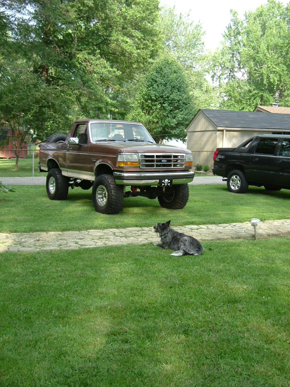 Lifted brown Ford Bronco on large tires parked on a lawn, black SUV and dog nearby