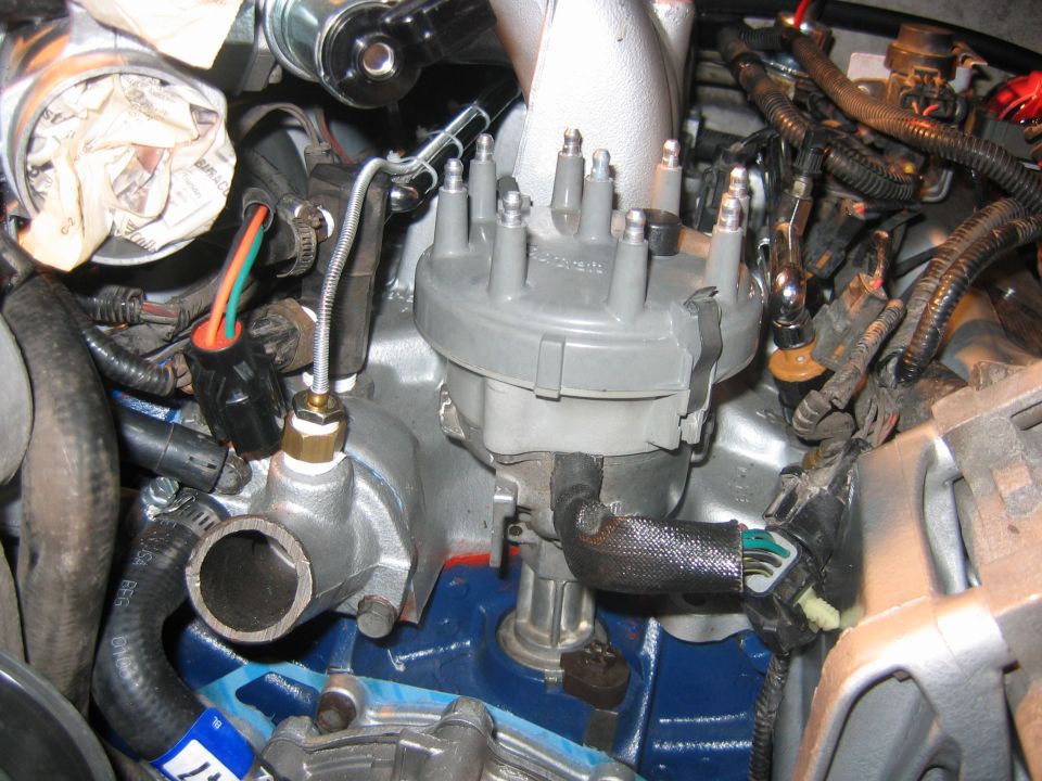Engine bay close-up showing gray distributor cap, wiring, and hoses