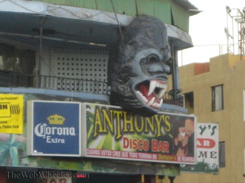 1990 Ford Bronco - giant snarling gorilla head juts from a building above signs for Anthony's Disco Bar and Corona Extra beer.