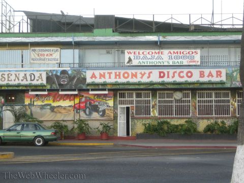 1990 Ford Bronco - colorful facade of Anthony's Disco Bar features gorilla art and a Baja 1000 truck mural, with a green sedan parked out front.