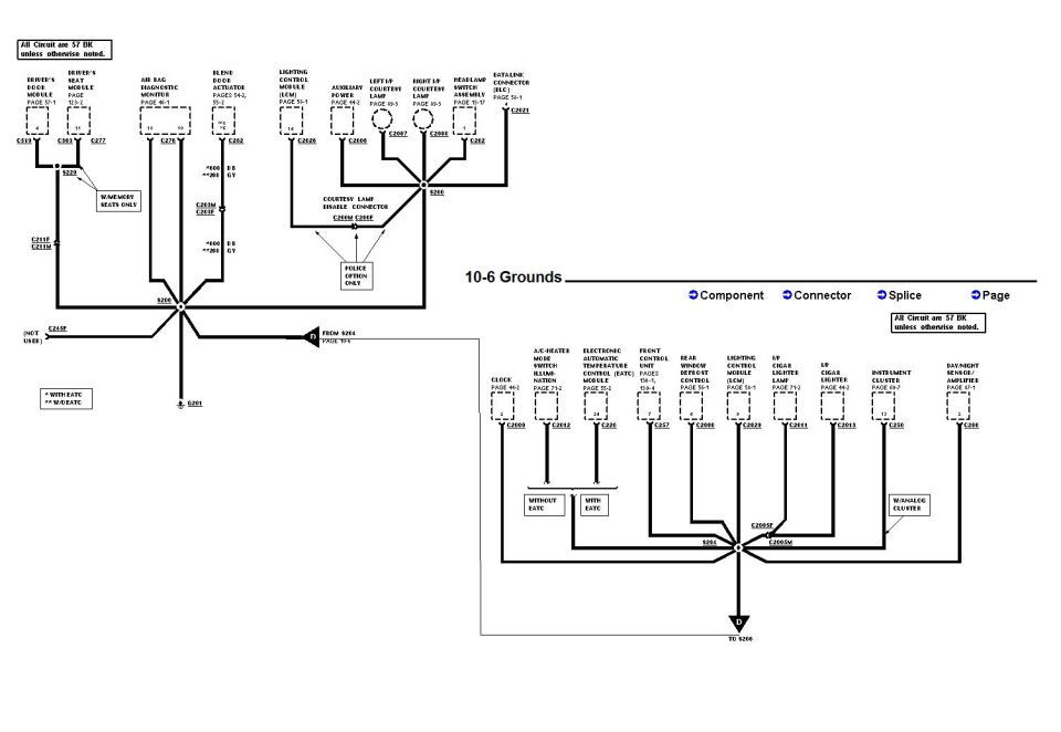 Grounds wiring diagram section 10-6 with component, connector and splice legend