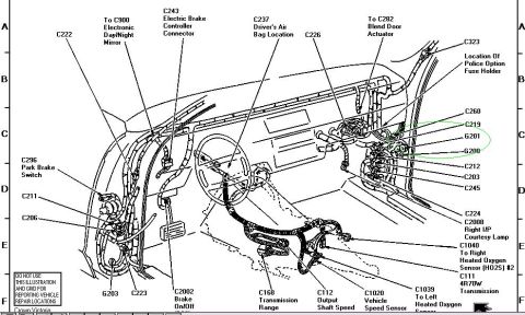 1996 Mercury Grand Marquis - This diagram illustrates the complex electrical system within a vehicle's interior, detailing various sensors and connectors.