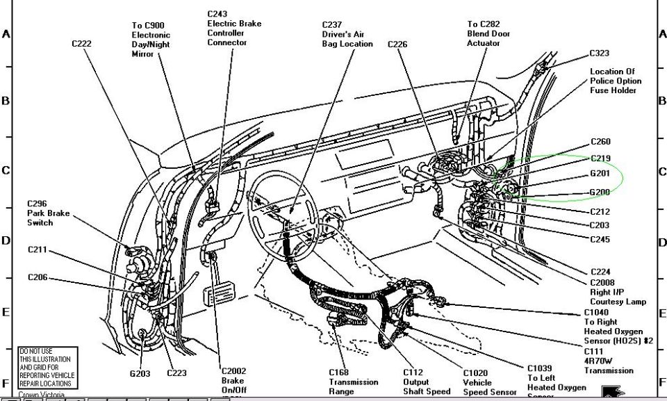 Ford Crown Victoria interior wiring connector location diagram, dash and steering column