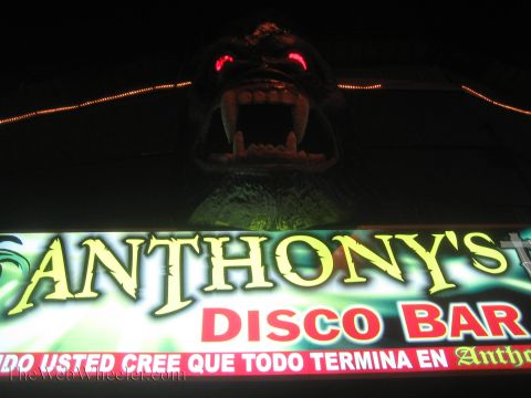 1990 Ford Bronco - snarling gorilla head with glowing red eyes looms over a lit Anthony's Disco Bar marquee sign at night.