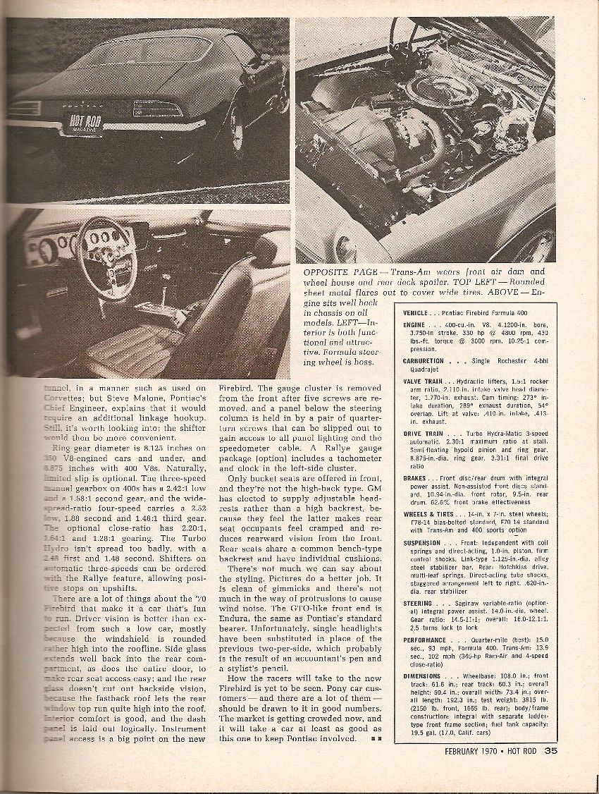 Rear view of a 1970s Pontiac Firebird with 'HOT ROD' plate; interior view shows dashboard and seats
