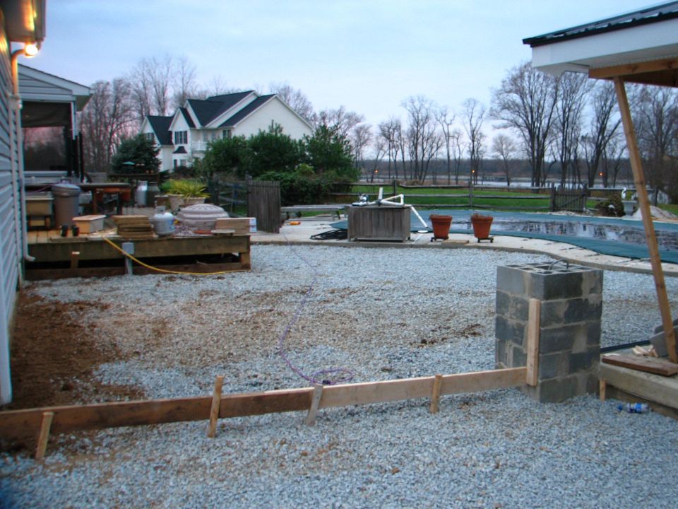 Backyard gravel base with wood concrete forms beside a covered pool at dusk