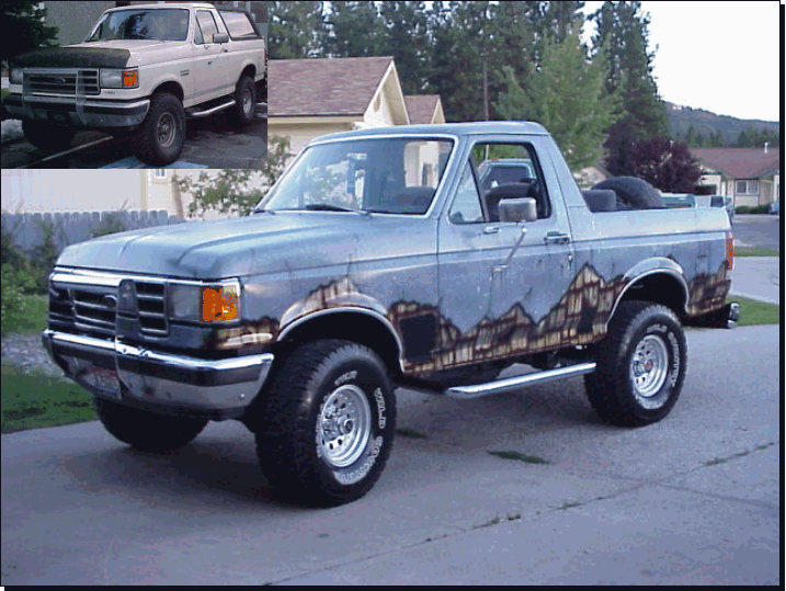 Gray Ford Bronco SUV, top off, dark distressed paint, chrome wheels, with white 'before' inset photo