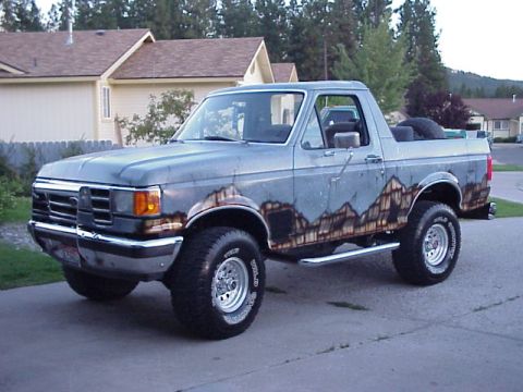 1989 Ford Bronco - A light blue 1980s-era Ford Bronco with removable hardtop removed, featuring a custom airbrushed mountain scene along the lower body and ch…