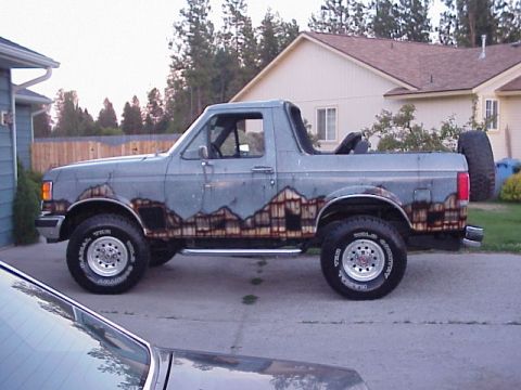 1989 Ford Bronco - Driver-side profile view of a lifted Ford Bronco with its removable hardtop off, painted primer gray with a brown/rust-toned mountain-scene…