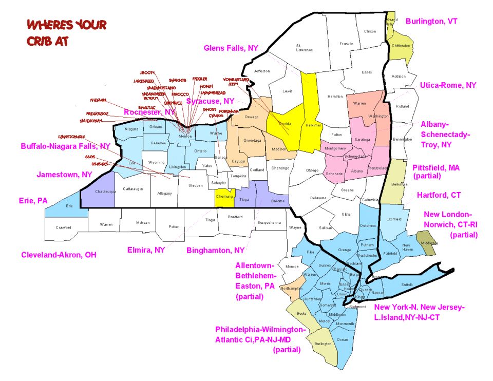 Map of New York state media-market regions labeled with city names