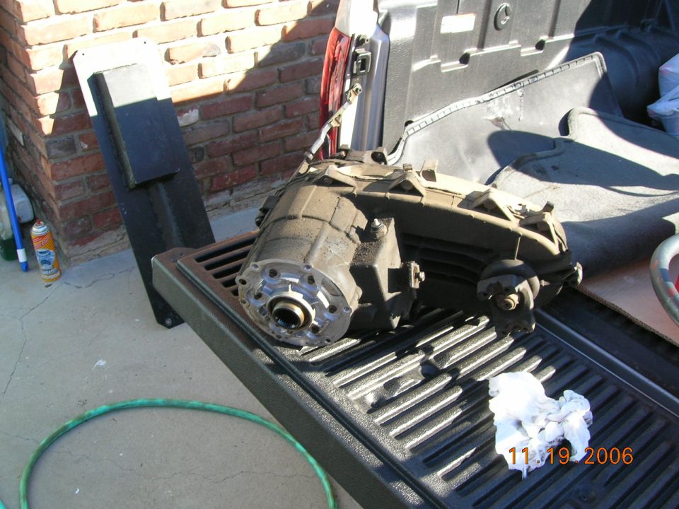 Transfer case sitting in the bed of a pickup truck