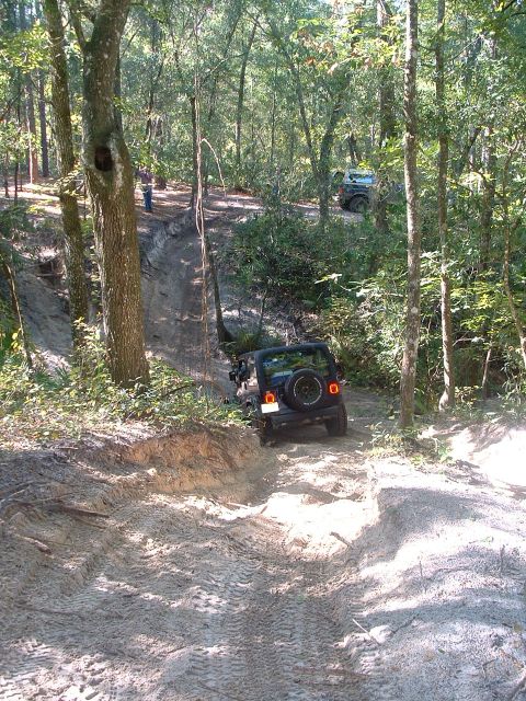 1995 Ford Bronco - A black Jeep Wrangler navigates a dirt trail in a wooded area, with another vehicle visible in the background.