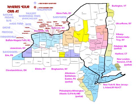 1979 Ford F-150 - Community 'Where's Your Crib At' map of New York state showing member nicknames and regional cities, not a technical document.