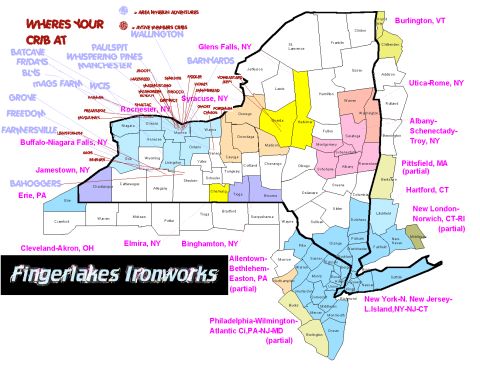 1979 Ford F-150 - Community map of New York state with member locations and a 'Fingerlakes Ironworks' banner overlay, not a technical document.