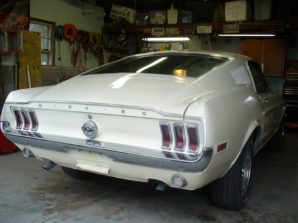 White 1968 Ford Mustang fastback rear view