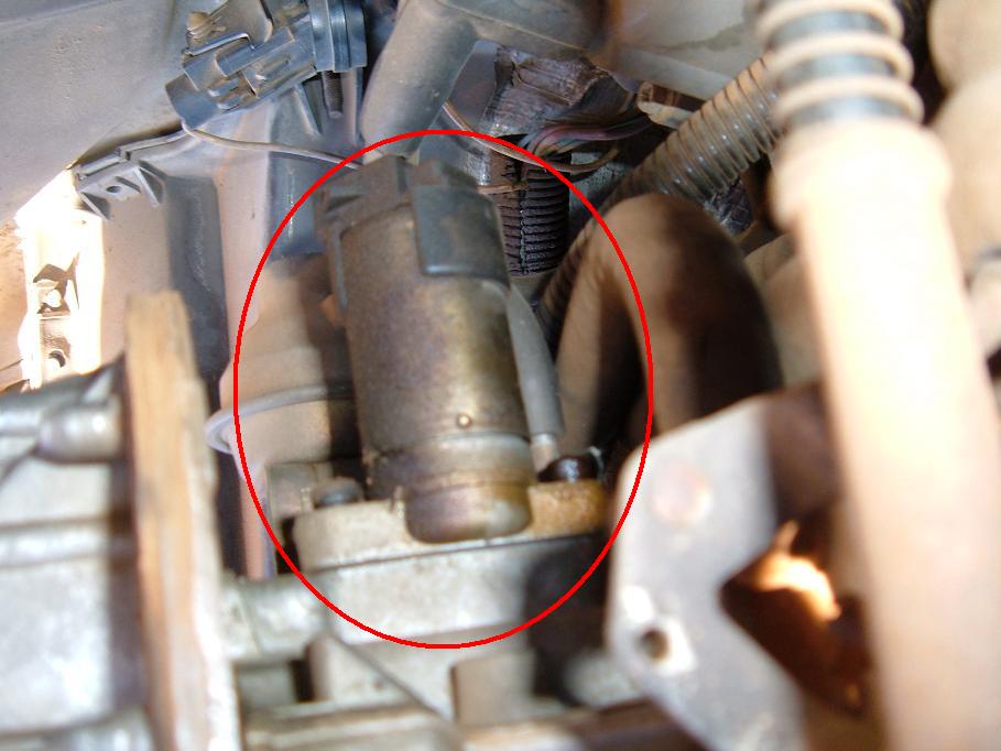 Starter motor circled in red, close-up view