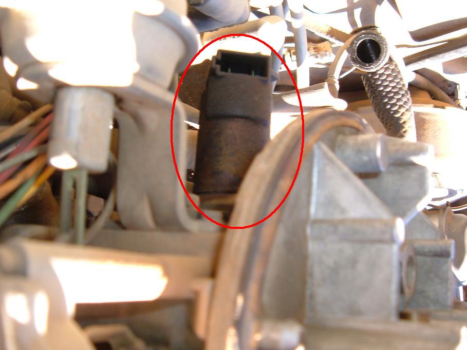 Close-up of a dark, cylindrical engine part with a black electrical connector on top, circled in red