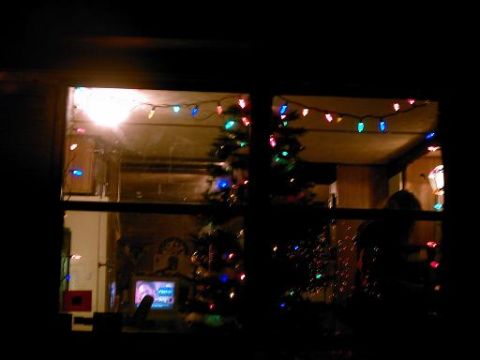 1986 Ford Bronco - A nighttime view through a window reveals a festive scene with Christmas lights and decorated trees.