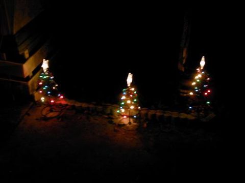 1986 Ford Bronco - Outdoor Christmas decorations with three illuminated trees are visible in the dark.