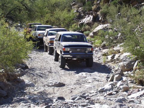 1991 Ford Bronco - A line of Ford Broncos navigates a , desert-like terrain on an off-road adventure.