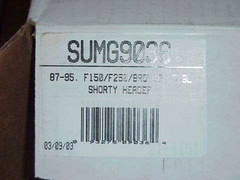 1989 Ford Bronco - Product ID label on a parts box for an 87-95 Ford F150/F250/Bronco 5.8L shorty header, with part number SUMG9036 and barcode.