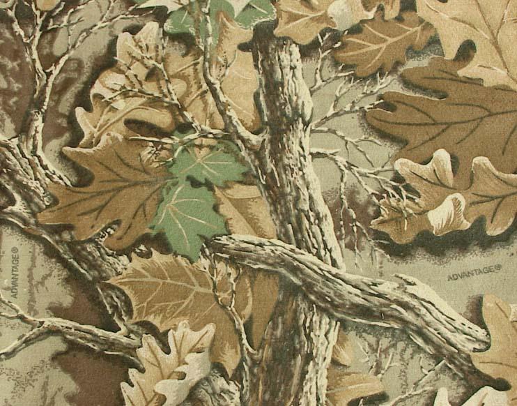 Camouflage pattern with oak leaves and tree branches. "ADVANTAGE" logo visible