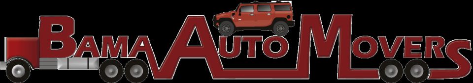 Bama Auto Movers logo with red car hauler truck and red SUV graphics