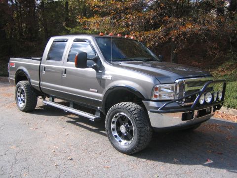 2005 Ford F-250 - This gray 2005 Ford F-250 Super Duty pickup truck features aftermarket wheels and tires, enhancing its appearance.
