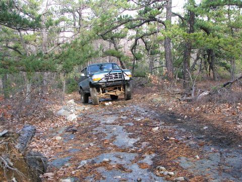 1996 Ford Bronco - An off-road SUV navigates a challenging, rocky path through a dense forest.