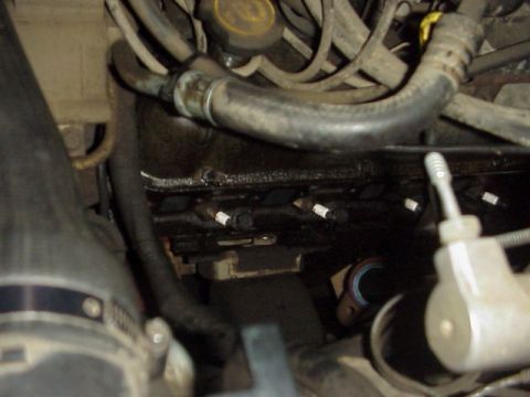 1989 Ford Bronco - Close-up view of engine components, including spark plugs and various hoses.