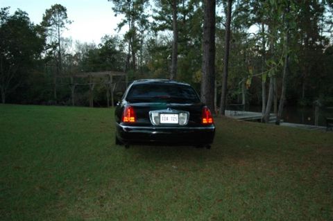 1999 Lincoln Town Car - Rear view of a black Lincoln Town Car parked on a grassy area near trees and a body of water.
