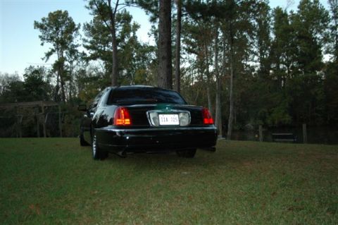 1999 Lincoln Town Car - Rear view of a black sedan with a green stripe on the trunk, parked on a grassy lawn.