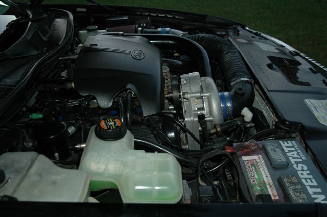 Engine bay with supercharger, Interstate battery, and coolant reservoir