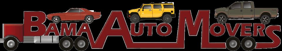 Bama Auto Movers logo with cars riding on car-hauler-shaped lettering