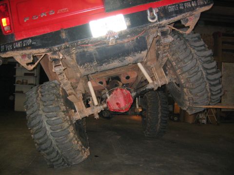 1979 Ford Bronco - Rear view of a modified 1979 Ford Bronco showing its heavy-duty axle and suspension system.