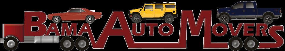 Bama Auto Movers logo graphic with cartoon muscle car, yellow Hummer, and blue pickup on truck-shaped lettering